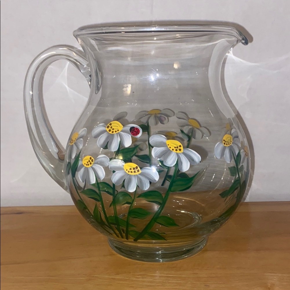 Hand painted Glass Pitcher with White  Daises
